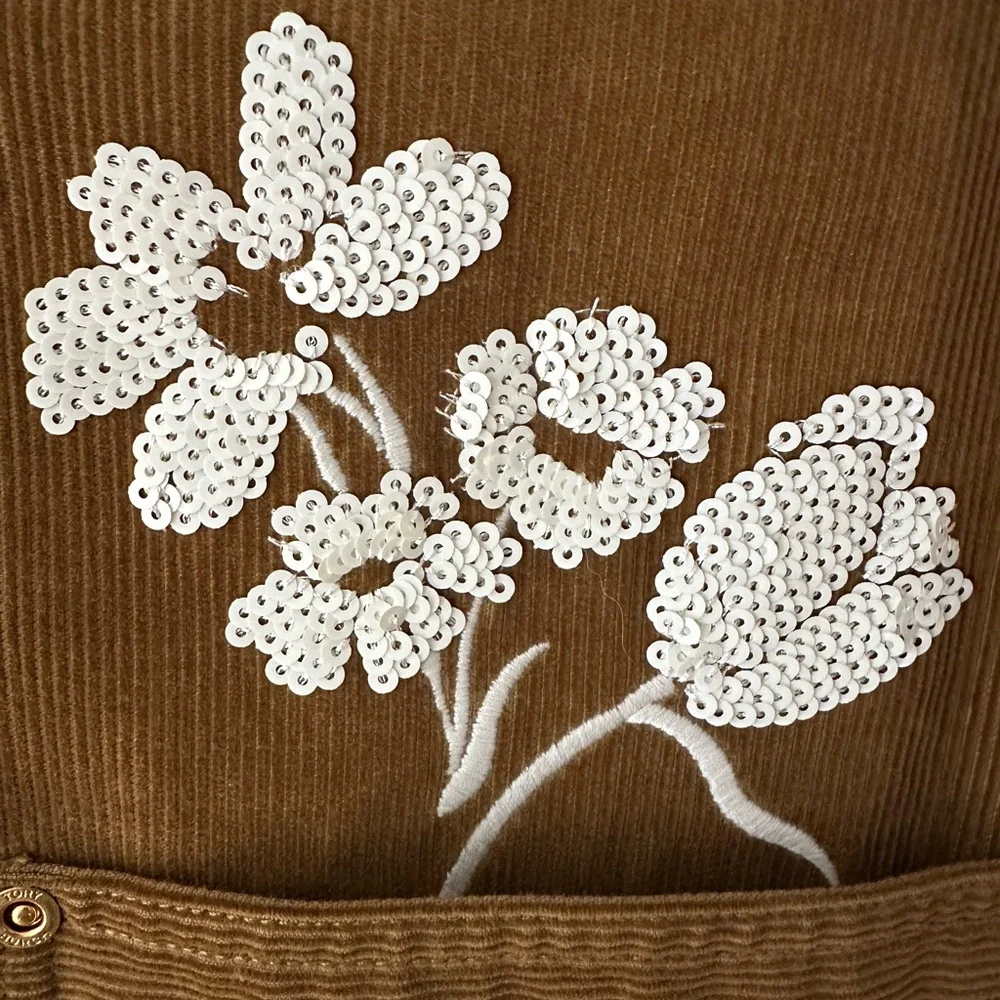 Gorgeous Tory Burch Brown Corduroy Jacket with White Floral Details - Picture 5 of 12